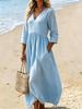 Damen V-Ausschnitt Midi Kleid Lässig Strandurlaub Einfarbig A-Linien Kleid mit Taschen