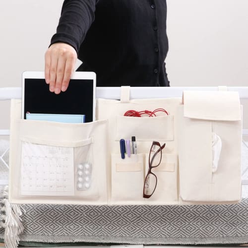 Fuji Boeki Bedside Pocket, Bedside Storage, 55cm Wide x 25cm Long, White, Hanging Storage, Tissue Box, Small Organizer, 6 Pockets, 29270