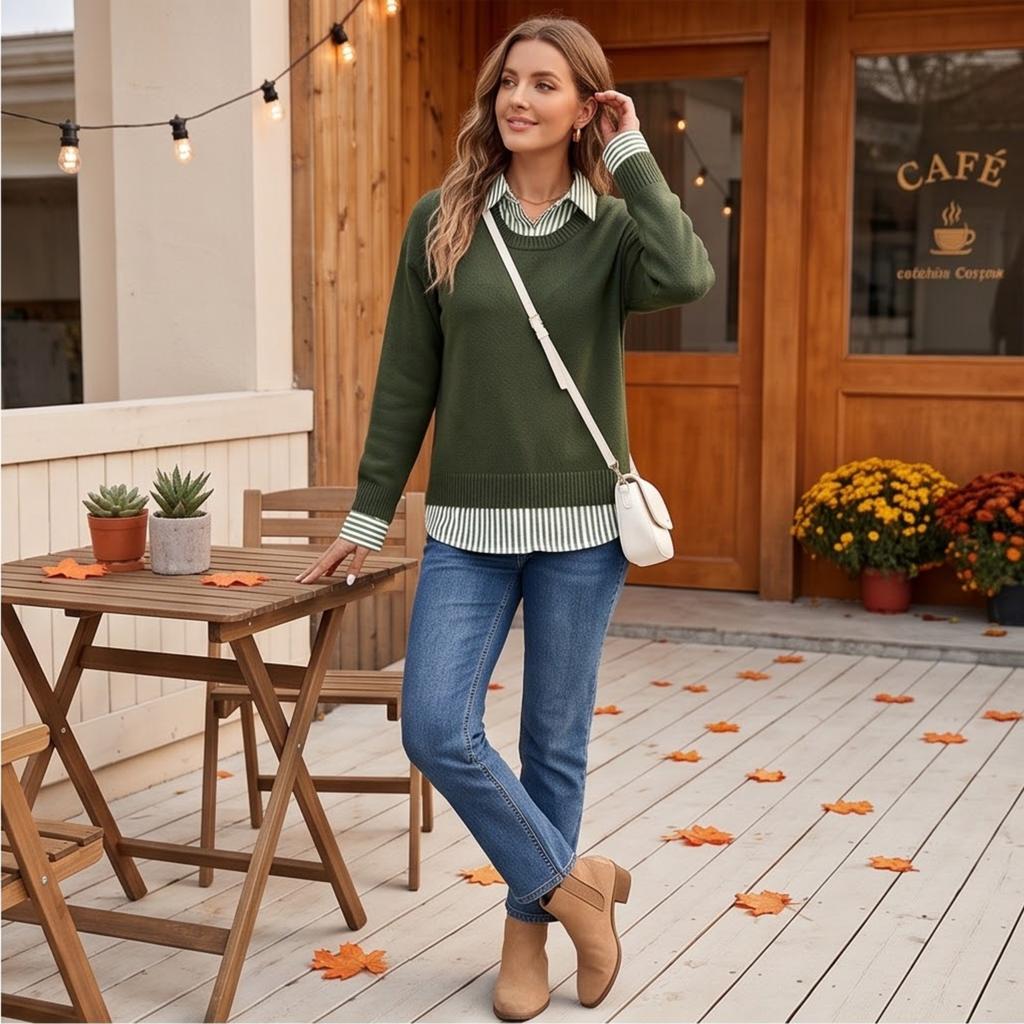 Women's Striped Knit Pullover Sweater Loose Fit Long Sleeve Casual Top