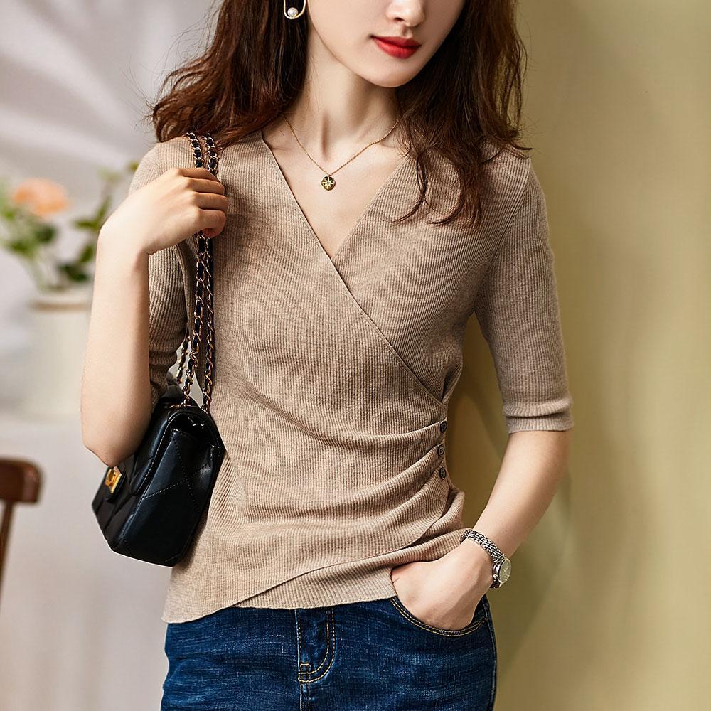 2024 Summer Fashion New V-Neck Knitted Women Sweater Slim Black Knitted Sweaters Pullovers Women Tops JJ41