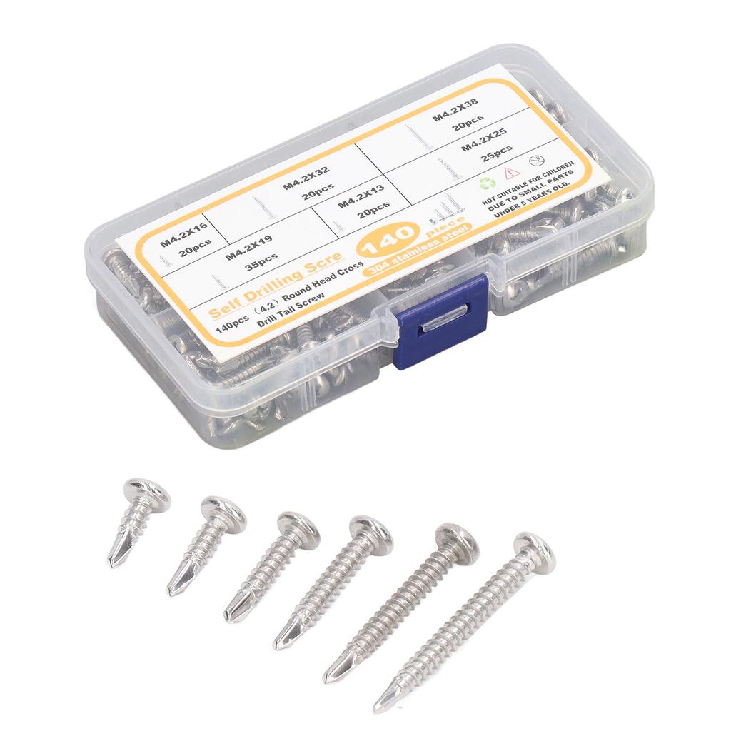 140 ST M4.2 Rundskallig Krysskruv Sortiment Djup Gänga 410 Rostfritt Stål Självborrande Skruvar