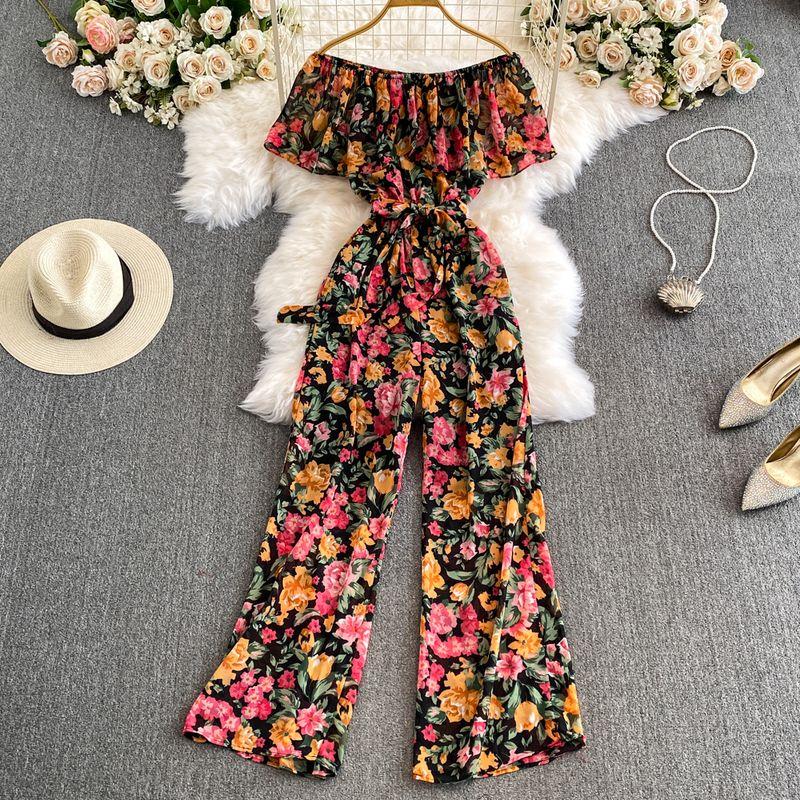 

Women s Floral Loose Pants Jumpsuit Summer High Waist Waist-Tight Slimming Flounce off-Shoulder Jumpsuit Short Sleeve Black Print One size