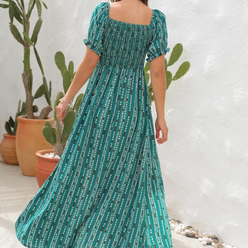 GMXIA Jarní a letní šaty s vertikálním pruhem, potiskem, rozděleným pasem, jedno rameno, krátký rukáv, ležérní sváteční šaty