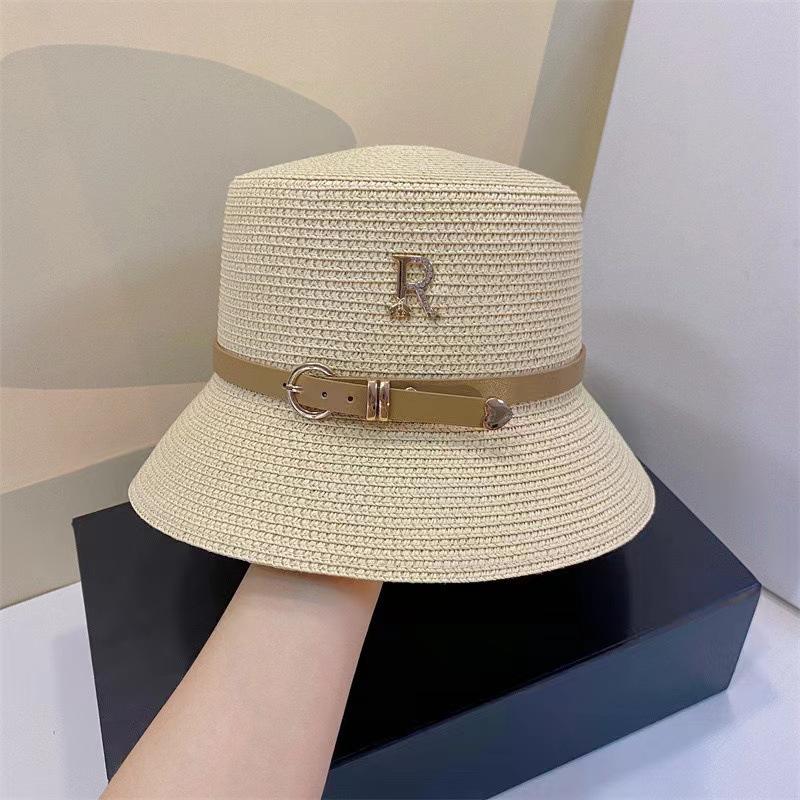 Straw Hat Women's Summer Vacation Seaside Rhinestone Letter R Belt Personalized British Retro Flat-top Sunshade Hat