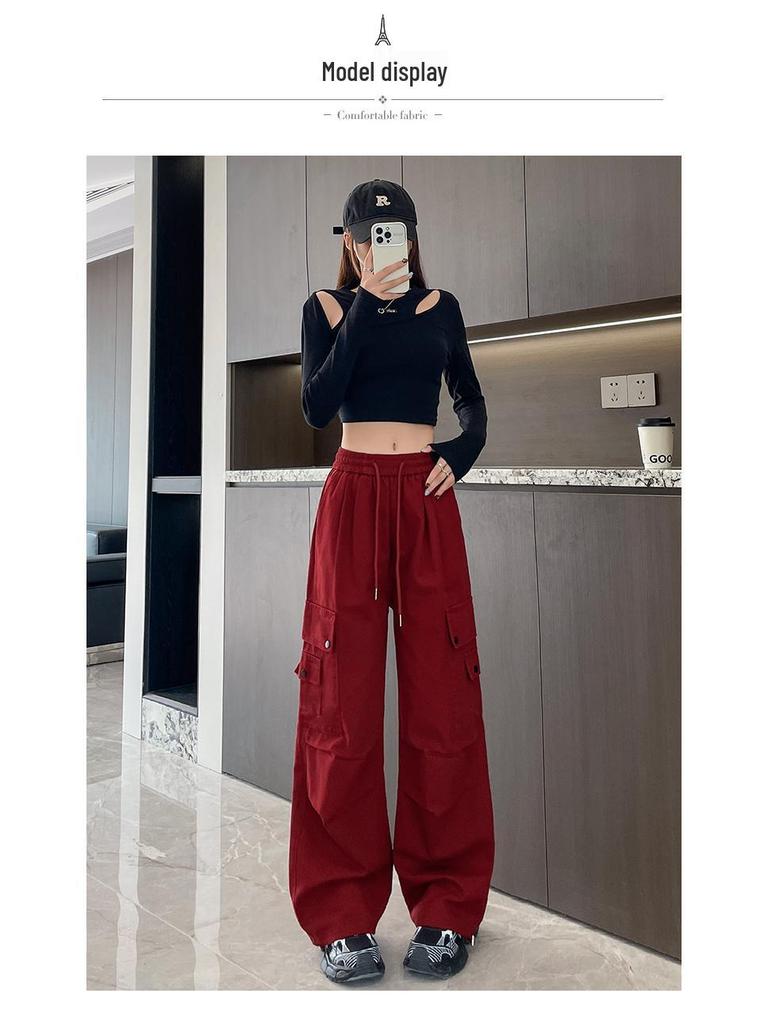 Damen High-Waist Retro Washed Baumwolle Cargohose, Lockeres Gerades Bein, Bodenlang, Aufgeschlagener Weiter Beinabschluss, Frühling Schlankmachender Stil.