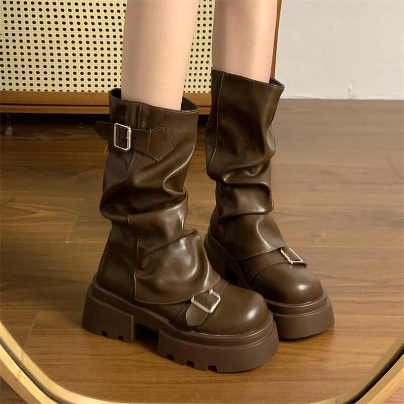 Braune Retro Mid-Calf Height-Increasing Martin Boots für Damen - Neue vielseitige dicksohlige Frühling/Herbst/Winter 2025 Kollektion