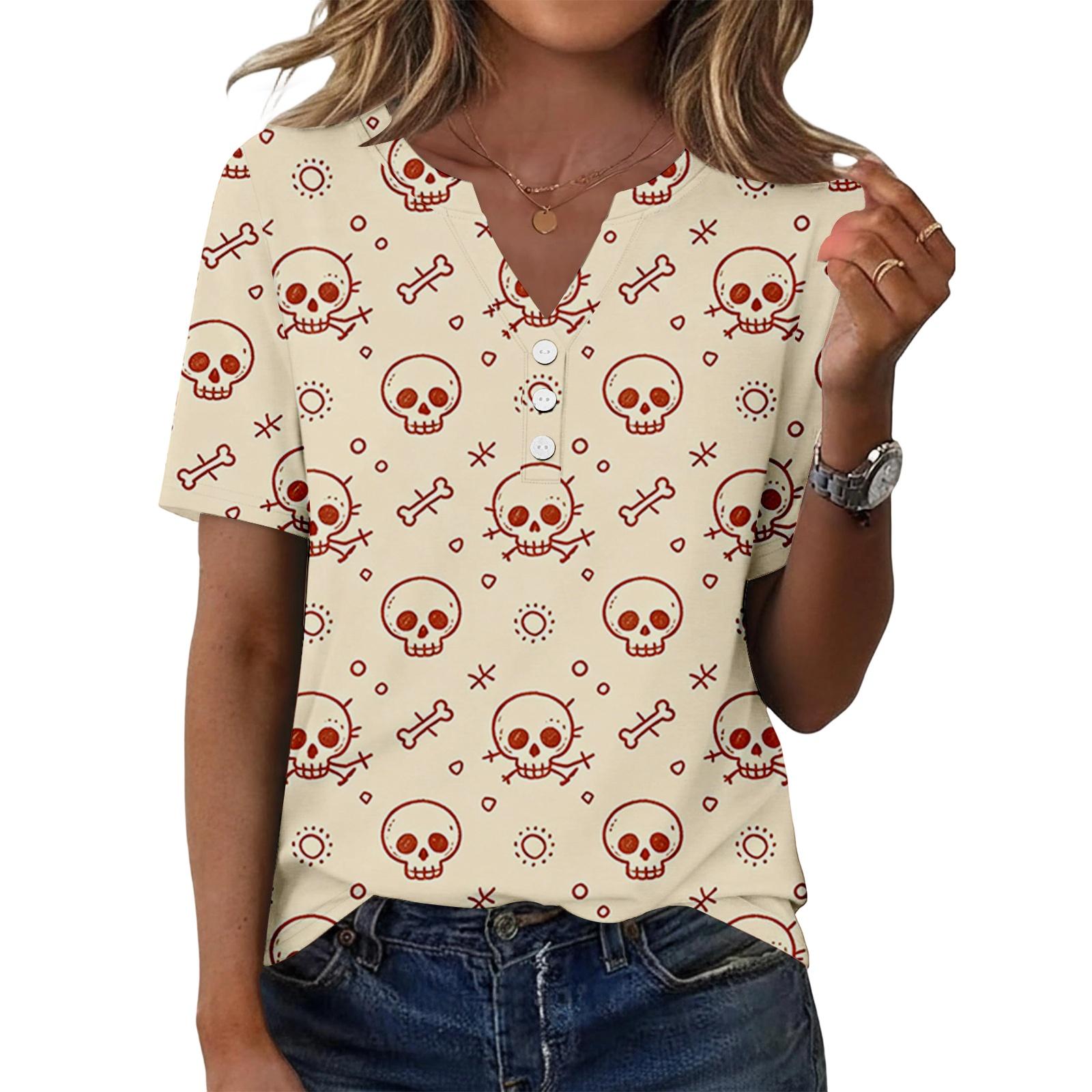Women s Halloween Printed V-Neck Short Sleeve Button Down T-Shirt Casual Blouse L