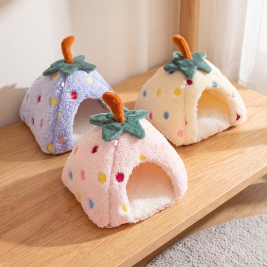 Comfortable Pet Sanctuary Plush Strawberry Hamster Bed, Soft Winter Warm Hideout, Cute Cozy Enclosed Cave Bed for Gerbil, Sugar Glider,