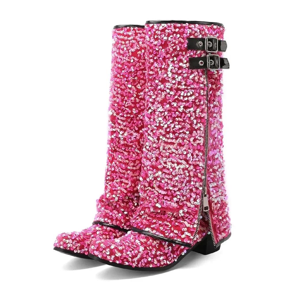 

Fashion Women Mid-calf Fold Boots Pink Squined Cloth Purple High Block Heels Winter Warped Round Toe Zipper Half Trousers Boots 34 розовый