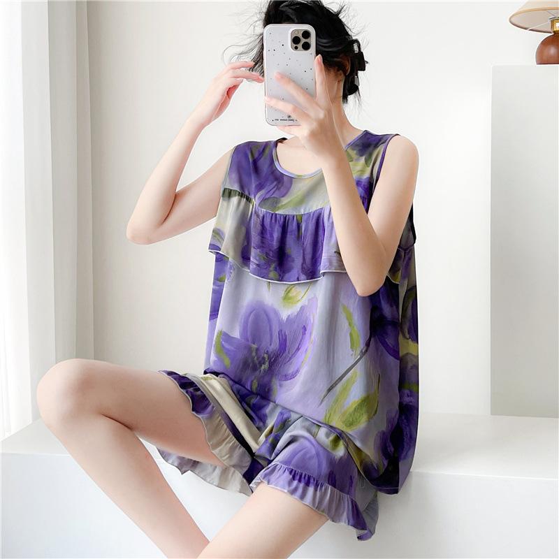 Women's Summer Ultra-Thin Cotton Satin Pajamas Set With Shorts And Sleeveless Vest, Cool Comfort Home Wear For Hot Weather