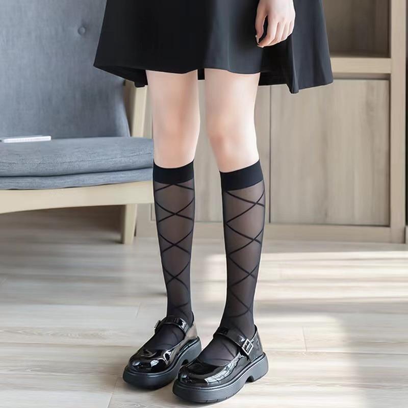 Criss Cross Pattern Calf Socks Dark Sheer All-match Knee High Socks Women's Stockings  Hosiery