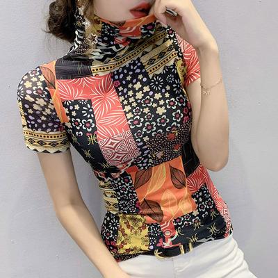 Modisches Mesh Kurzarm T-Shirt für Damen Sommer Slim Fit Bedrucktes Oberteil Stilvoller Hoher Kragen Basic Kleines Shirt