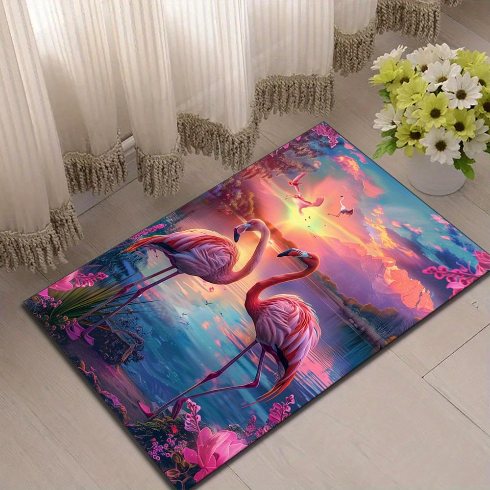 Flamingo Sunset Scene Area Rug - Polyester Soft Crystal Velvet Carpet, Large Size for Living Room, Bedroom, Dining Area, Heavy