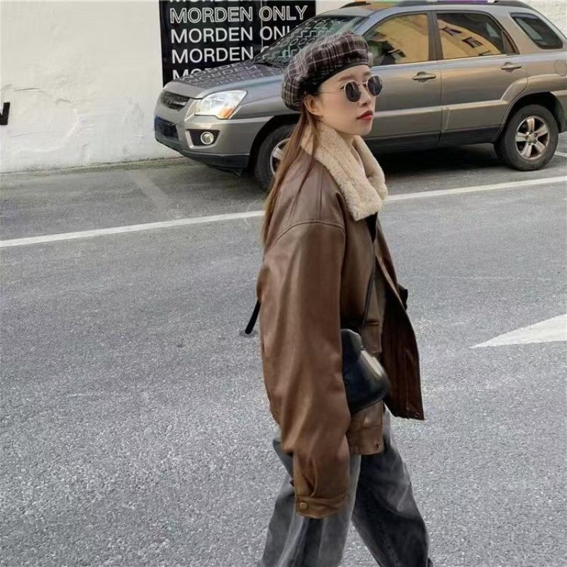 Y2k Lapel Long Sleeved Short Leather Jacket Women Vintage Slim Brown Cropped Coat 2024 New Fashion Lady Street Party Outwears