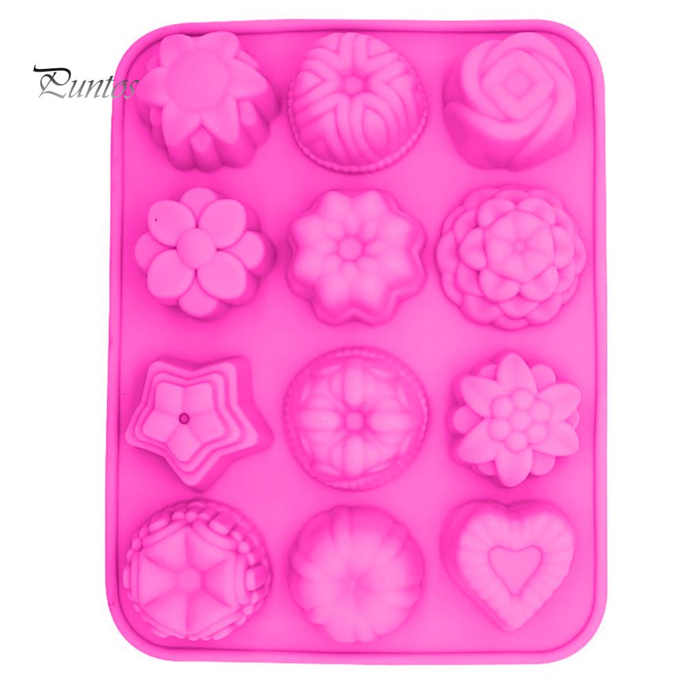 Puntos DIY Silikon 12 Löcher 3D Blume Fondant Schokolade Kuchen Süßigkeitenform Backwerkzeug