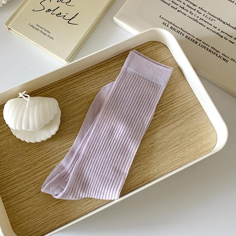 Simple Plain Color Stacked Socks Women'S Mid-Length Summer Thin Solid Color Calf Socks Candy-Colored Trendy Socks