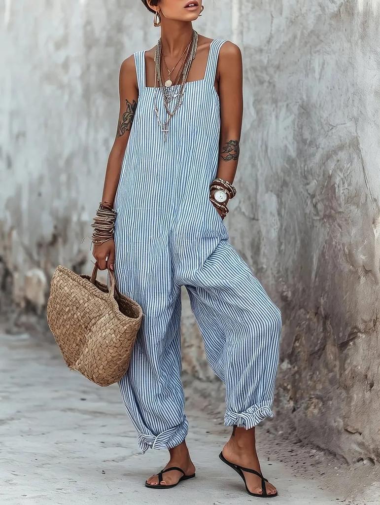Women's Sleeveless Side Tie Wide Leg Jumpsuit Striped Casual Romper