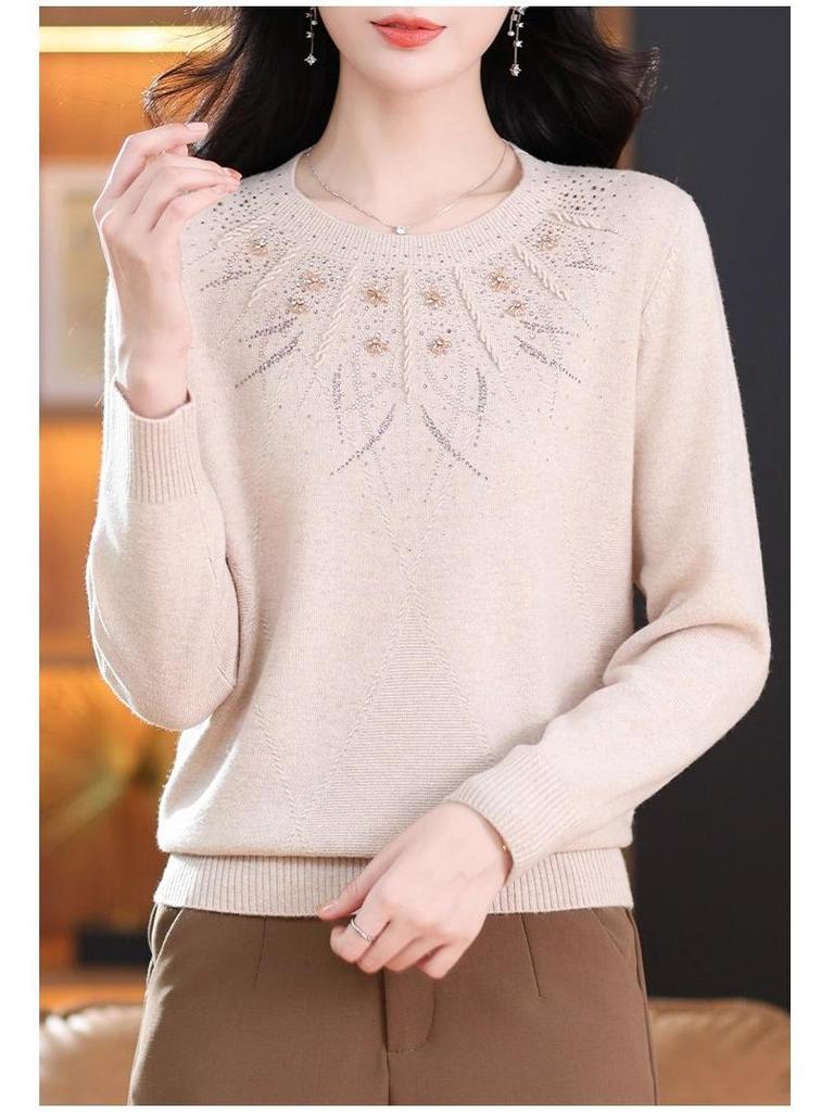 Premium Plus-Size Women's Pure Wool Sweater: Autumn/Winter Low Round Neck for Middle-Aged & Elderly