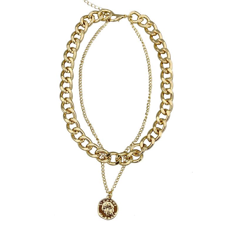 Retro Portrait Exaggerated Double-layer Personality Short Collarbone Thick Chain Necklace
