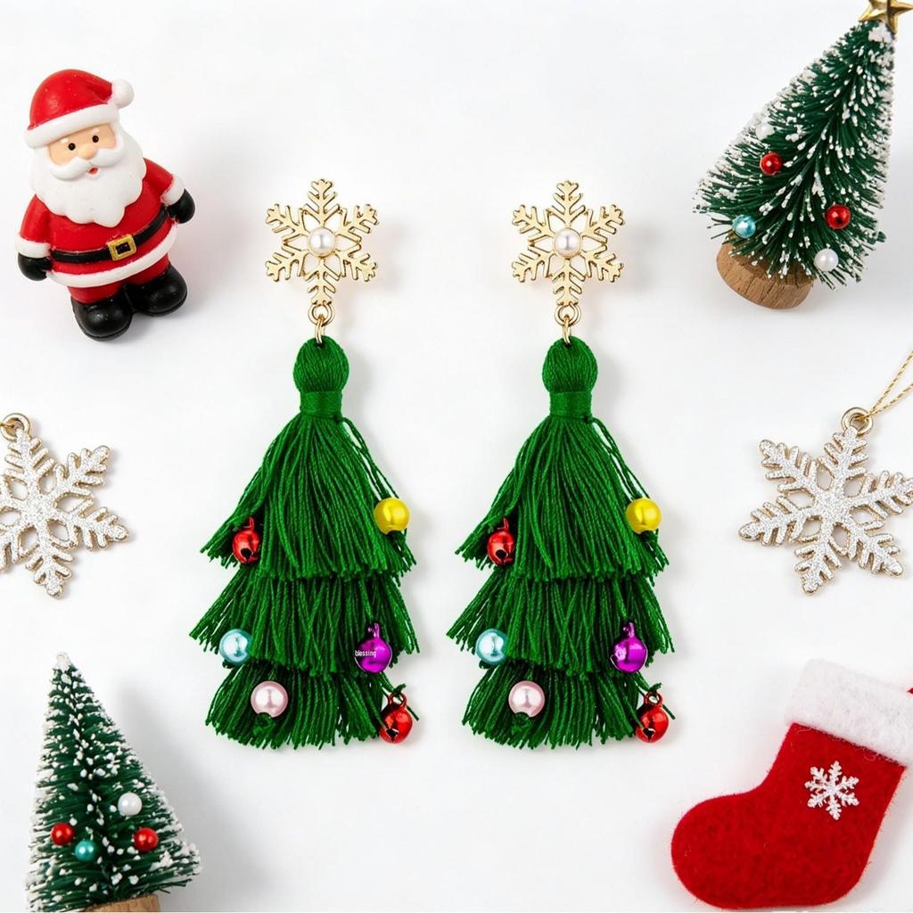 Festive Cartoon Christmas Tree Earrings with Colorful Bells