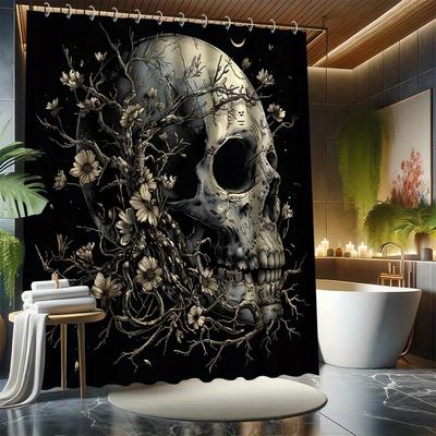 ~O~Halloween Skull and Flower Shower Curtain Set - 12 Hooks, Water-resistant Polyester, All-season, Abstract Pattern, Horror The