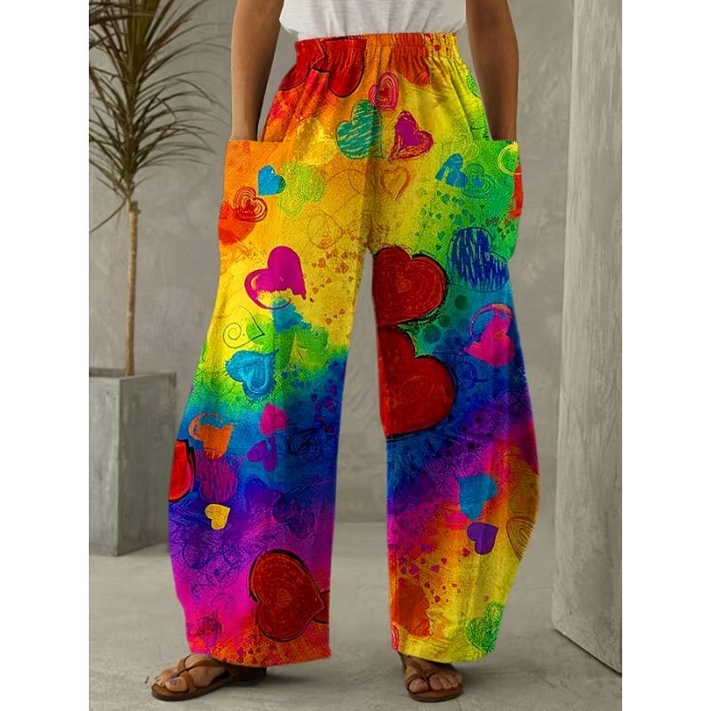 Valentine's Day Plus Size Women's Wide-Leg Pants with Colorful Heart Print, with Pockets, Adult Fashion Casual Style