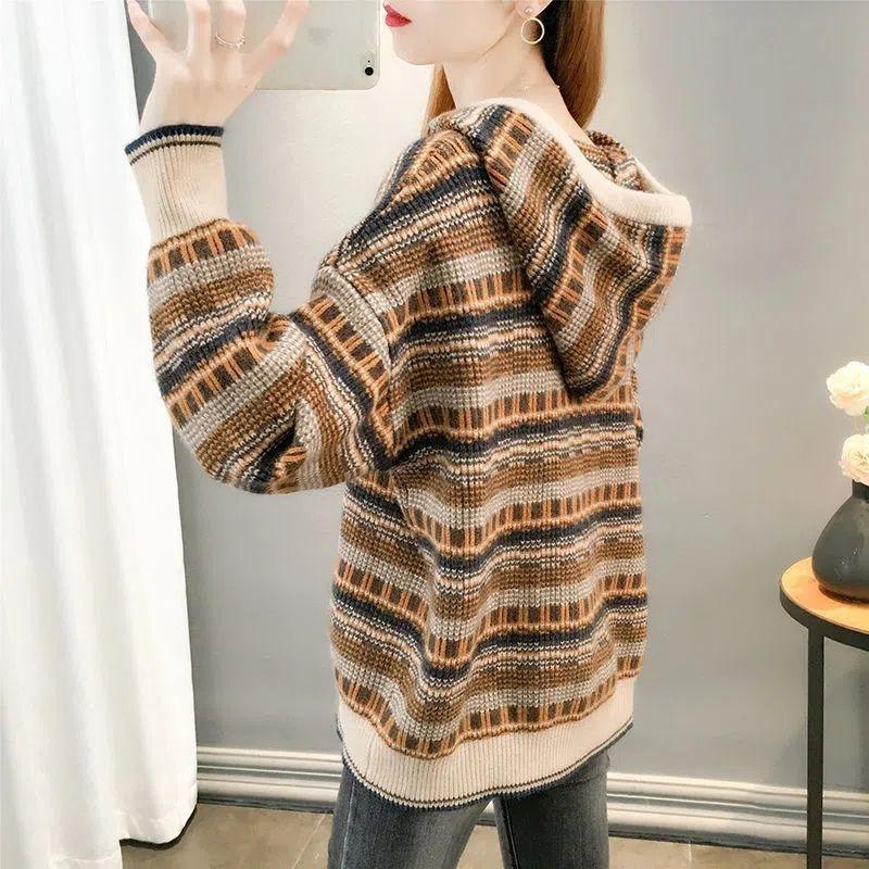 Sweater for Women Autumn Winter Thickened Pullover Warm Knitted Striped Retro Hooded Stretchy Long Sleeve Oversize Jumper Tops