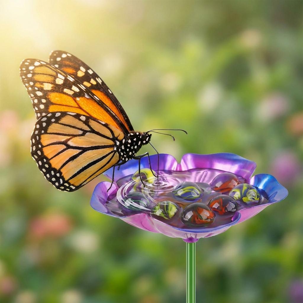 Outdoor Courtyard Wrought Iron Bee Butterfly Water Dispenser, Flower Four Color Set, Bird Feeder, Garden Decoration Ornament, Flower Ground Insert