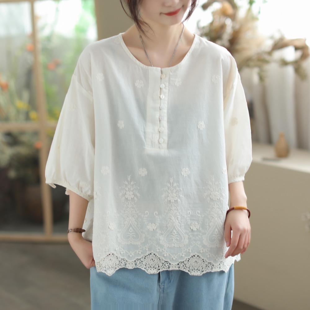 Dimanaf 2025 Women T-shirt Summer Shirt Lace White Blouse Short Sleeve Buttons Fashion Tops Tees Loose White Tees New