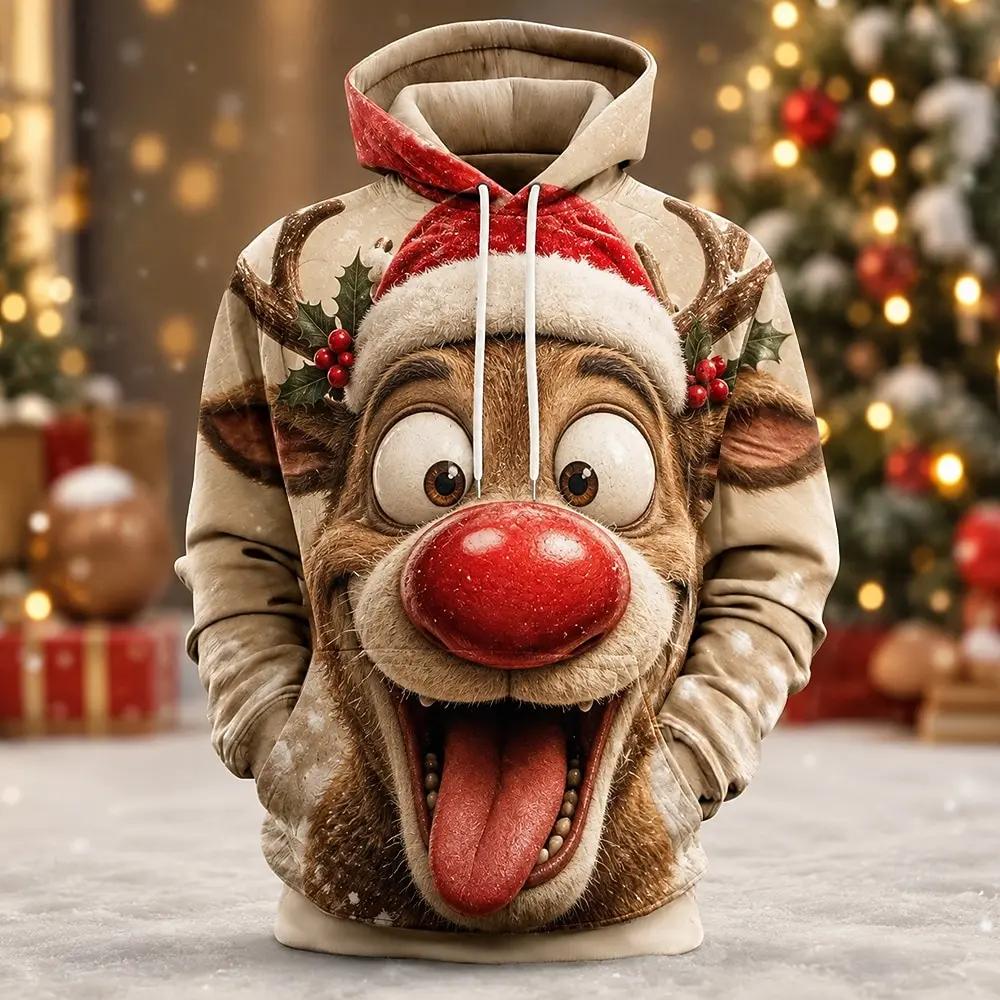 Women's Christmas Hoodie 3D Cute Penguin Santa Hat Print Casual Sweatshirt Kangaroo Pocket Long Sleeve Xmas Holiday Pullover Tops