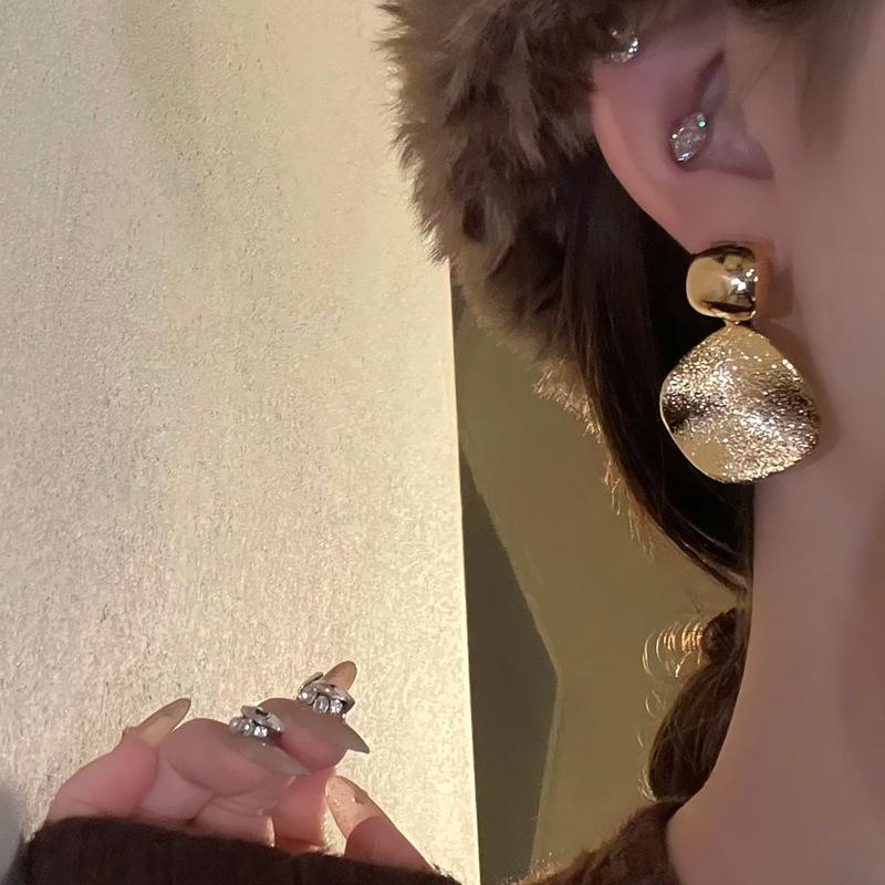 Silver Needle European and American Exaggerated Frosted Folded Disc Earrings Earrings Commuter Versatile Earrings Women