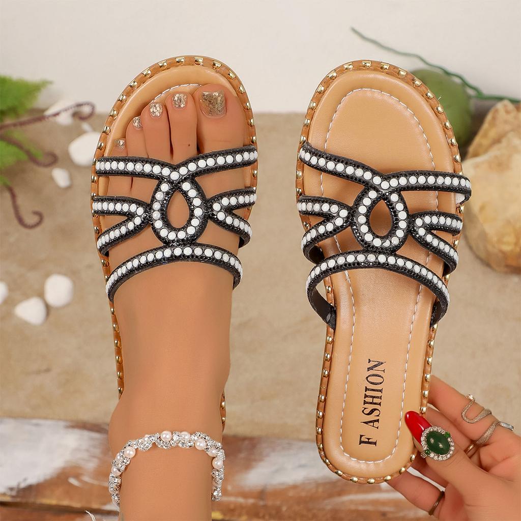 Womens Flat Sandals Slippers Comfortable Flip Flops Slide Sandal Summer Beach Shoes With Rhinestones Decoration Women Sandalias