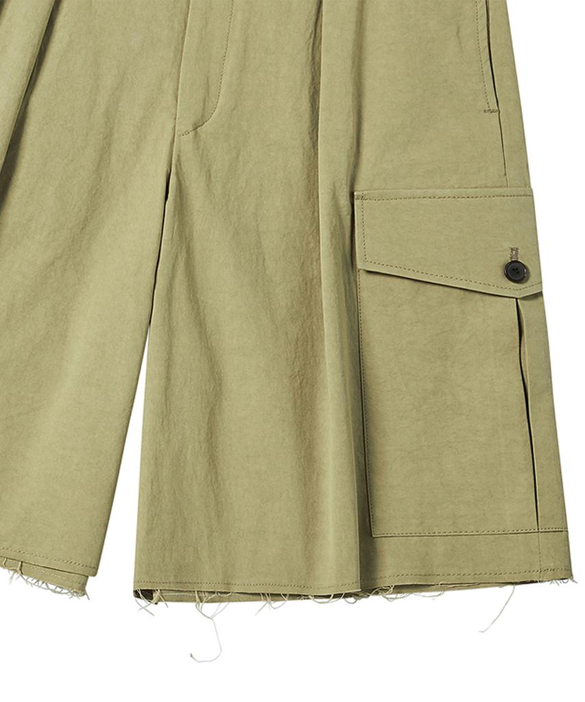 BEYOND CLOSET [Collection Line] Belted Detail Washed Cotton Cargo Half Pants Khaki