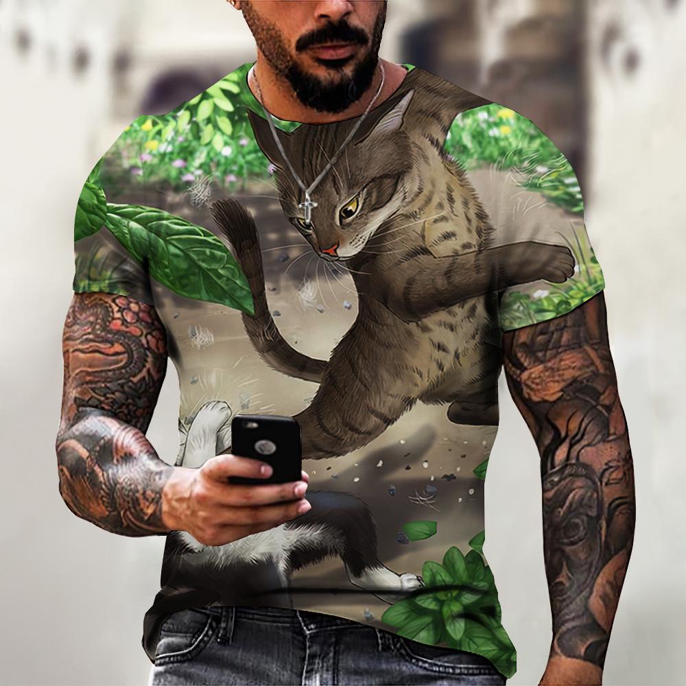 Handsome Motorcycle Cat 3D Print Summer Men's Round Neck T-shirt Casual Short Sleeve Oversized Pullover Fashion Trend Men Clothing
