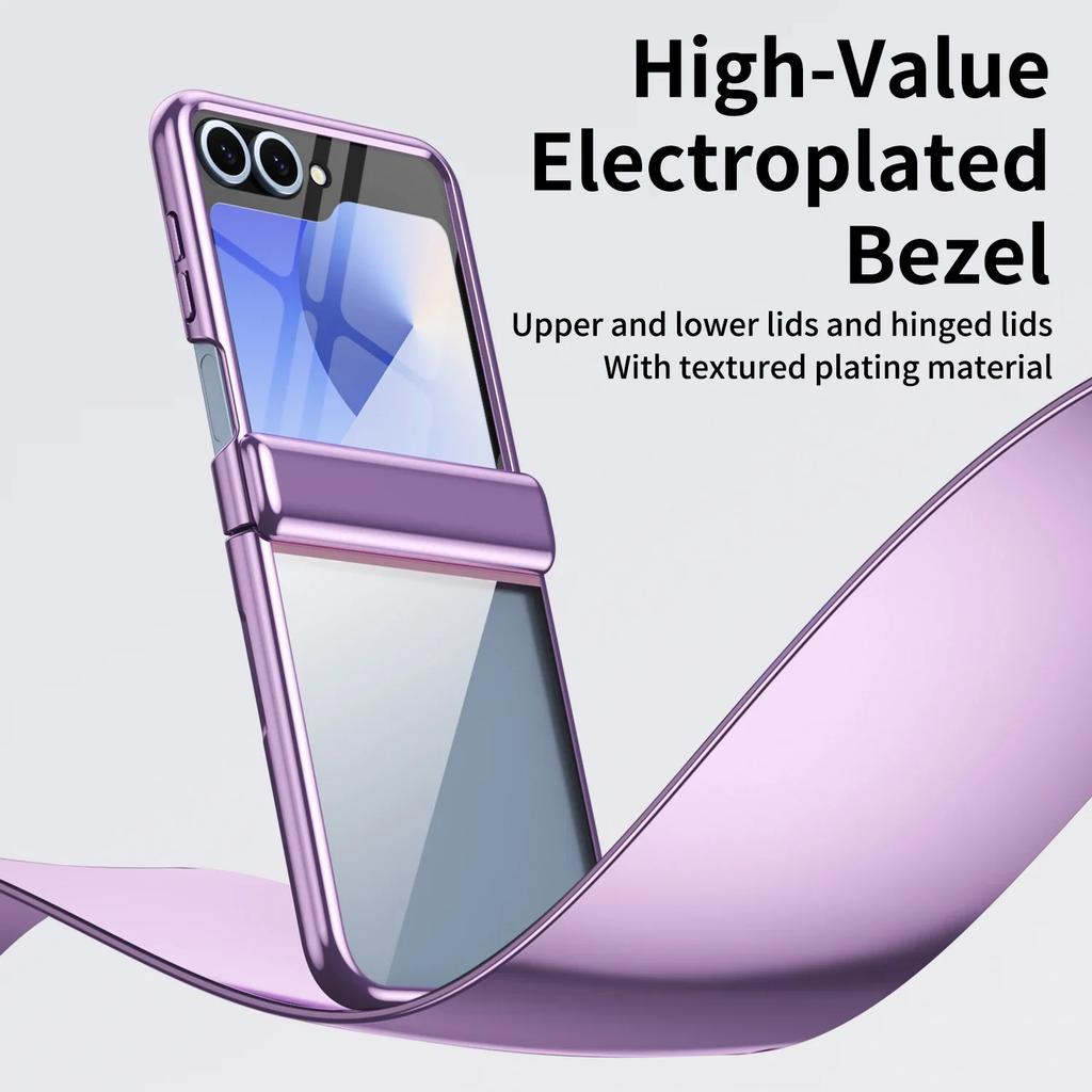 Electroplated Transparent Phone Case for Samsung Galaxy Z Flip 7 Fe 6 5 4 with Hinge Protection and Tempered Film Cover