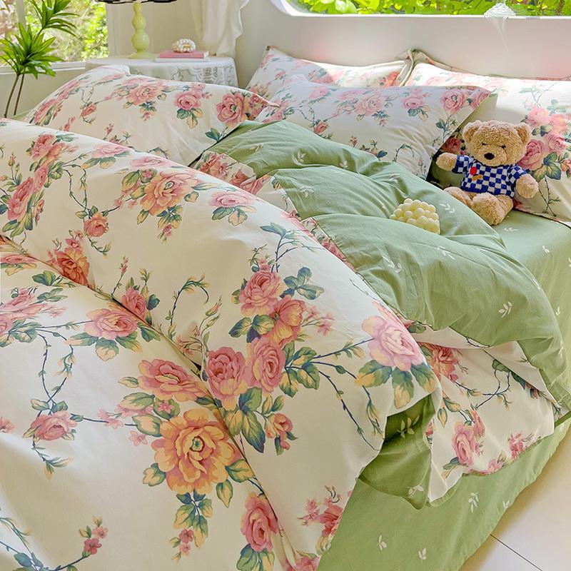 2024 Hot Flora Style Bettwäscheset aus 100 % Baumwolle, bedruckt, vierteiliges Set, Bettlakenset aus reiner Baumwolle, Bettbezug, Queen-Size-King-Size