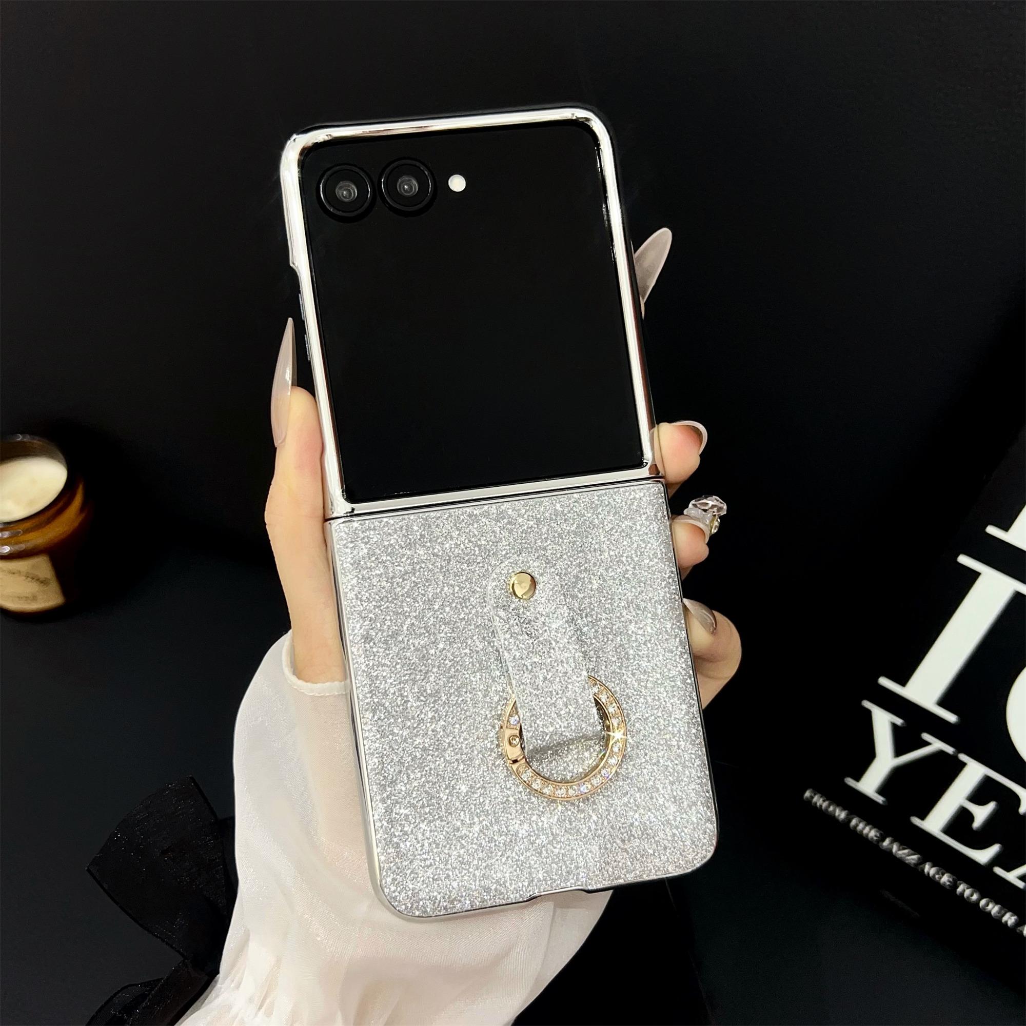 

For Samsung Galaxy Z Flip7 5G Case Electroplated Glitter PU Leather+PC Protective Cover with Portable Ring Strap