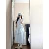 Gentle wind blue bubble sleeve dress women's summer new drawstring waist medium and long cake dress