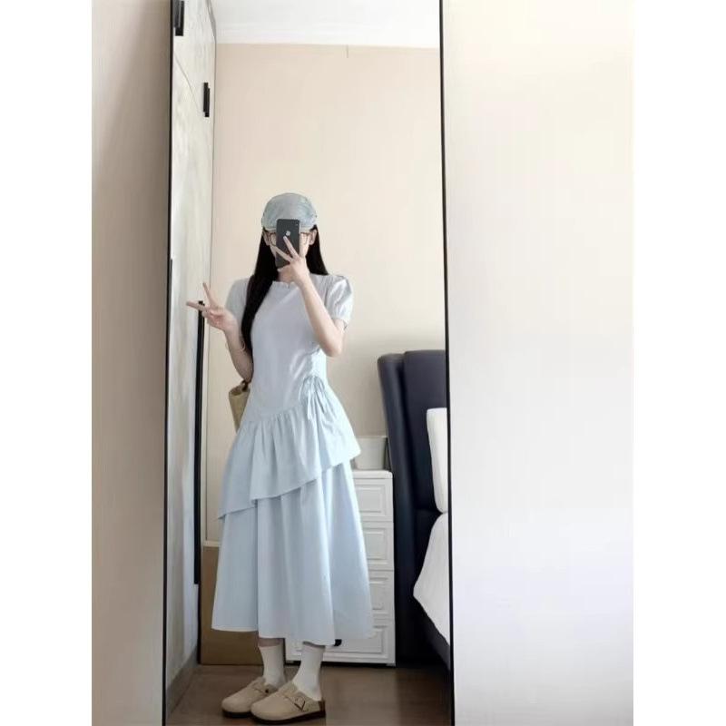 Gentle wind blue bubble sleeve dress women's summer new drawstring waist medium and long cake dress