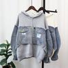Autumn and winter new splicing denim knitted cardigan women's hooded loose sweater jacket temperament commuting