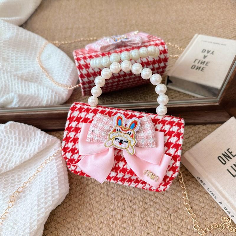 

Cute Delightful Red Bowknot Childrens Handbag With Trendy Chain And Pearl Handle Red Pink Bow