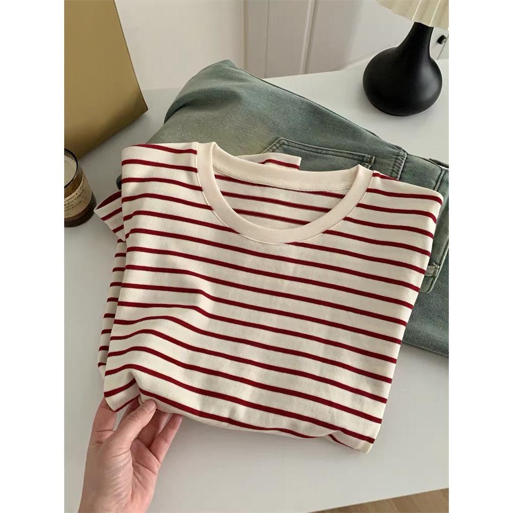 Korean Style Plus Size Striped Round Neck Long Sleeve T-shirt for Women - Autumn Winter Casual Loose Pullover