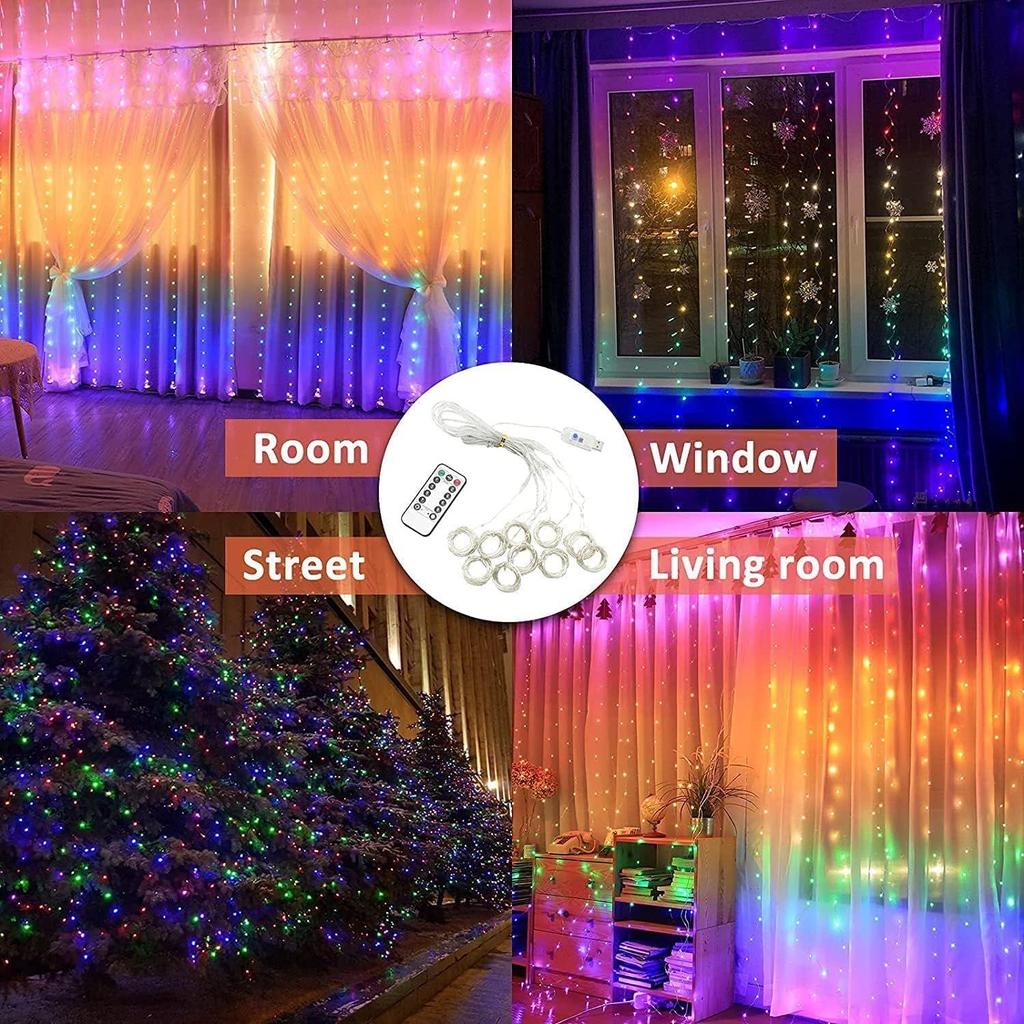 Multicolor Fairy Curtain Light (300 LED, 10 Strings, 3x3 Mtr) Indoor Outdoor Decoration for Diwali, Christmas, Patio with Remote and USB Power Supply