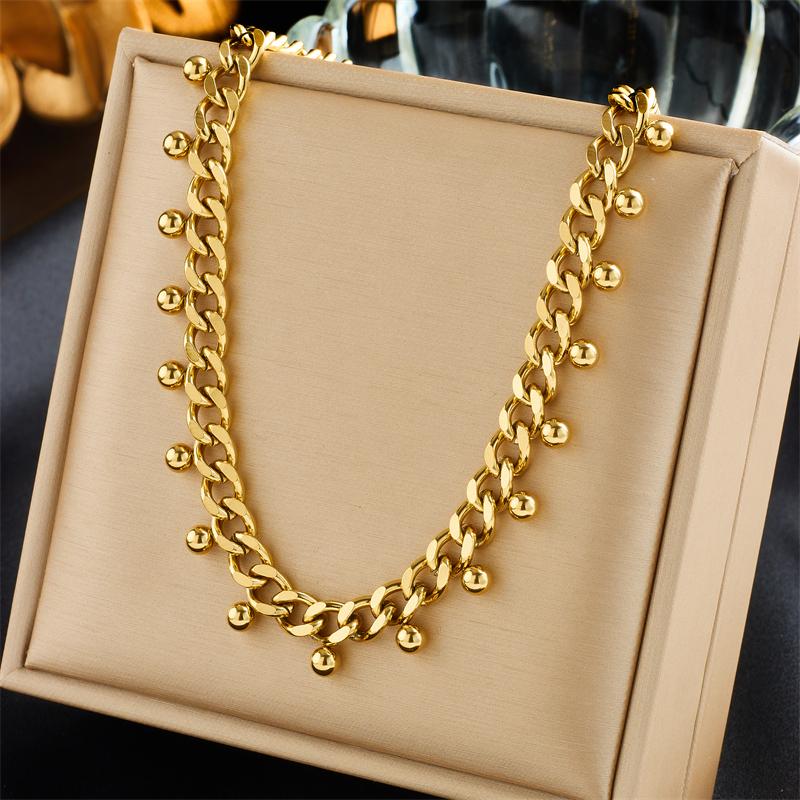 DIEYURO 316L Stainless Steel Gold Beads Thick Chain Necklace Bracelet For Women Girl New Trend Non-fading Jewelry Set