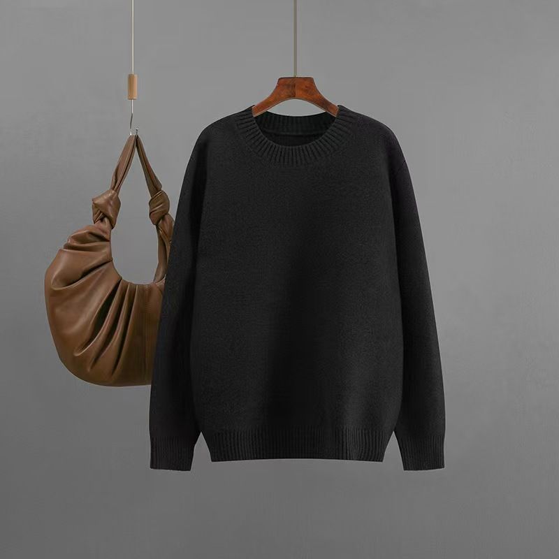 

Fashion Style Fall and Winter New Fashion Casual Pure Color Loose round Neck Knitting Sweater Loose Knit Sweater Black One size