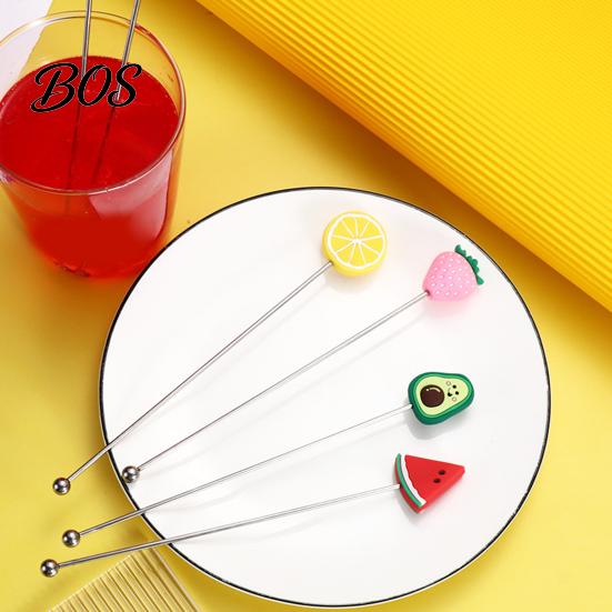 Syrup Mixing Stick Cocktail Stir Stick, Stainless Steel with Durian Pineapple Strawberry Colorful Fruit Decoration Stirrer Watermelon Rubber