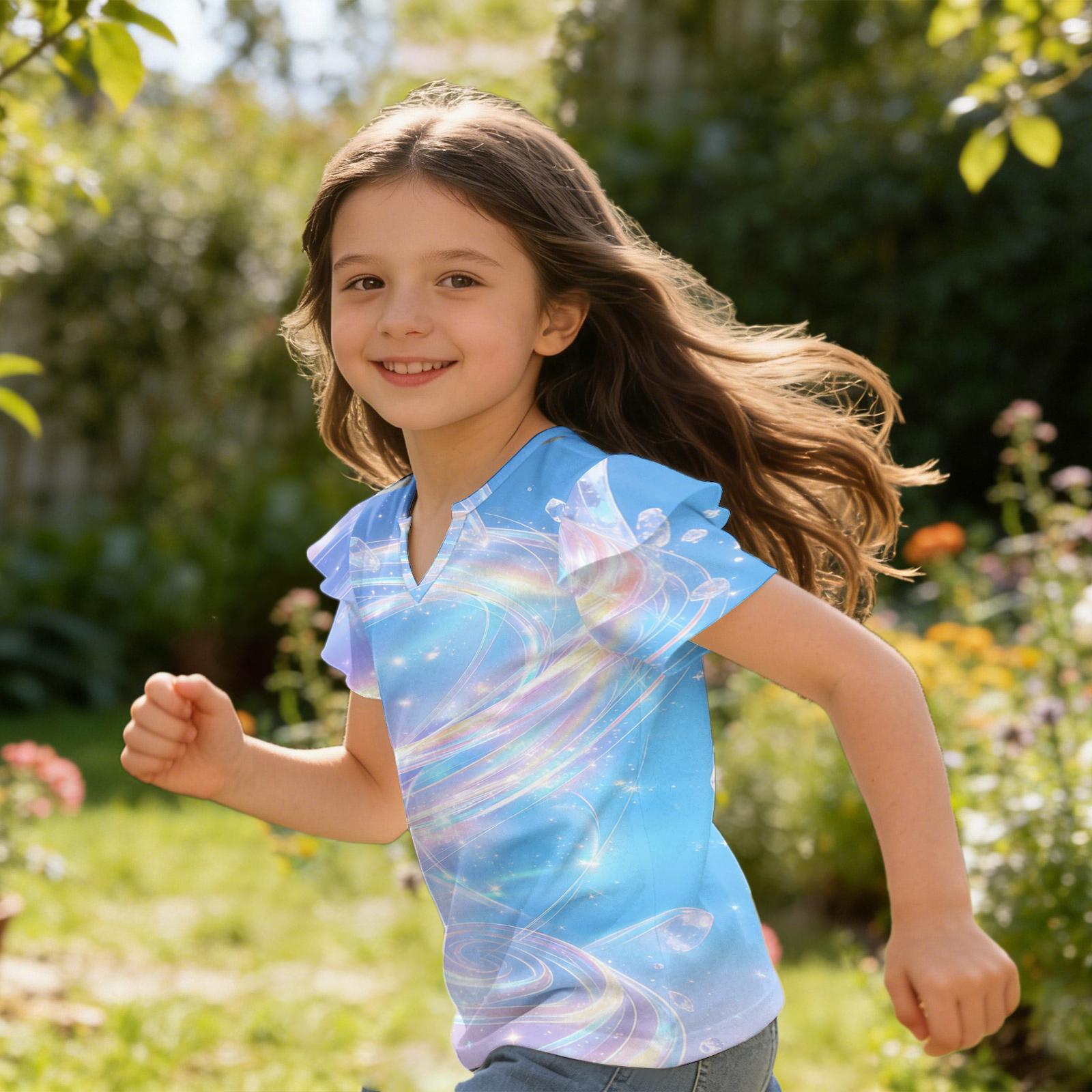 Girls  V-Neck Ruffle Tee - Short Sleeve Summer Blouse 130 синий