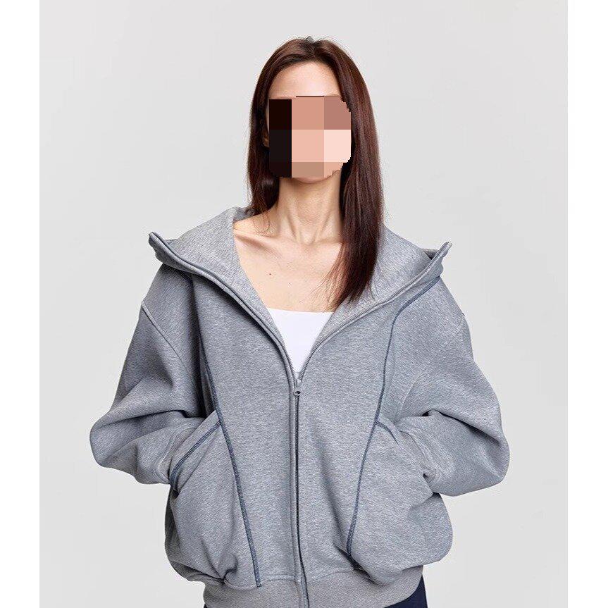 Unisex Trendy Heavyweight Hooded Cardigan with Contrast Stitching