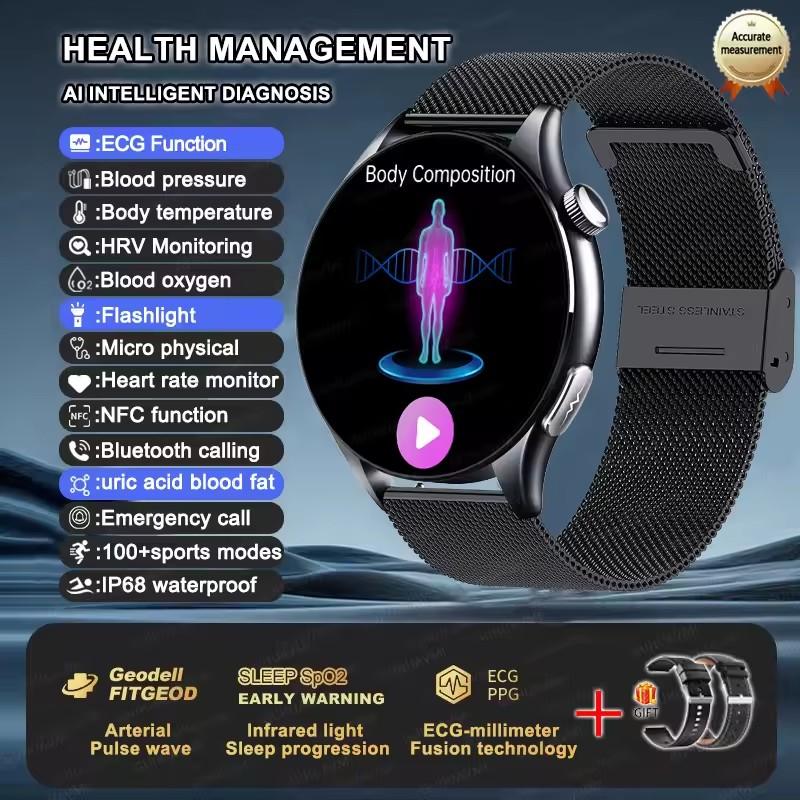 2026 New Men Uric Acid Blood Lipid Monitor Smart Watch ECG Blood Pressure Blood Oxygen Heart Rate Temp BT Call Health Smartwatch Sports Fitness Watch