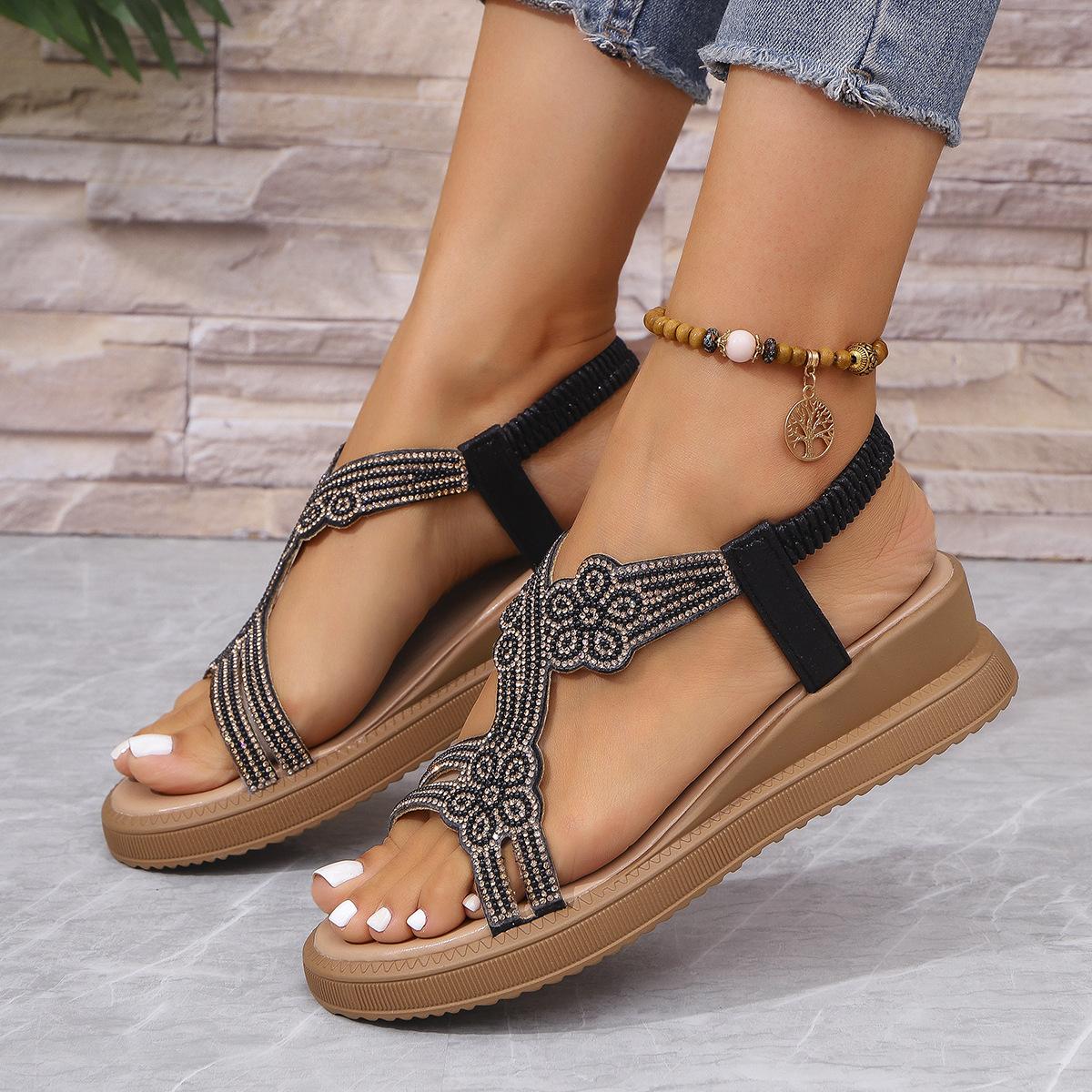 

2025 summer new muffin platform sandals fairy wind water diamond fish mouth casual wedge heel beach sandals 41 чёрный